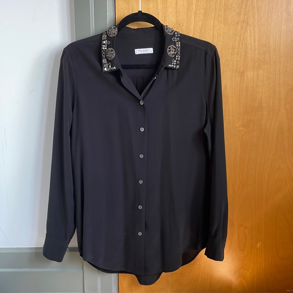 Equipment Black Embroidered Collar Button Down Shirt / Blouse